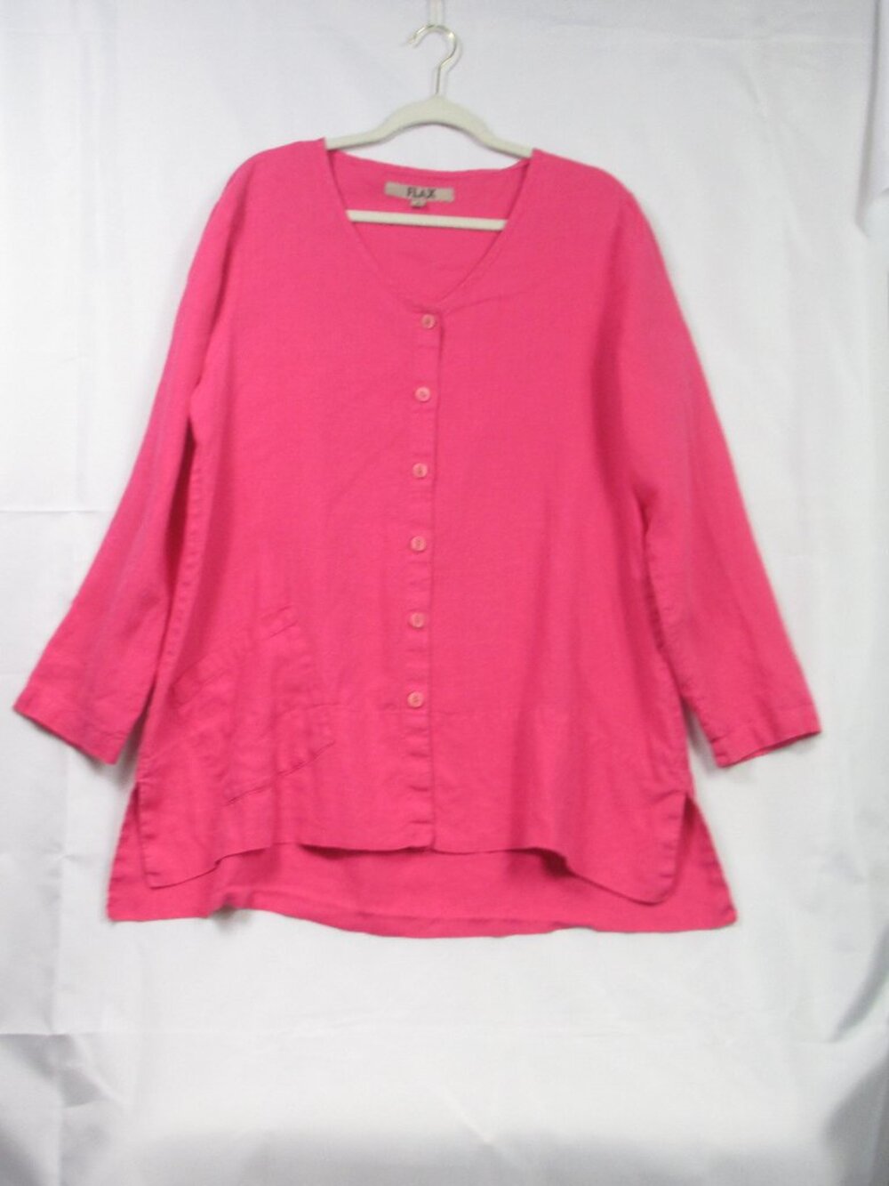 Flax Linen Button Front Tunic Top Small Bright Pink Oversized Lagenlook